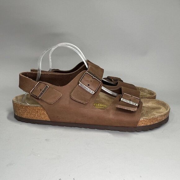 Birkenstock Milano Sandals Men's Size 12 Brown Leather Buckle Comfort Flip Flops - Picture 1 of 12